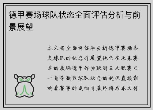 德甲赛场球队状态全面评估分析与前景展望