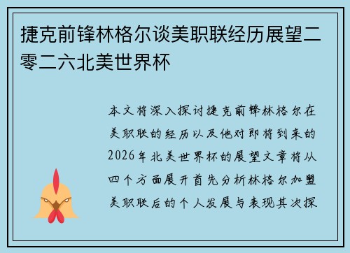 捷克前锋林格尔谈美职联经历展望二零二六北美世界杯