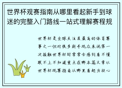 世界杯观赛指南从哪里看起新手到球迷的完整入门路线一站式理解赛程规则看点